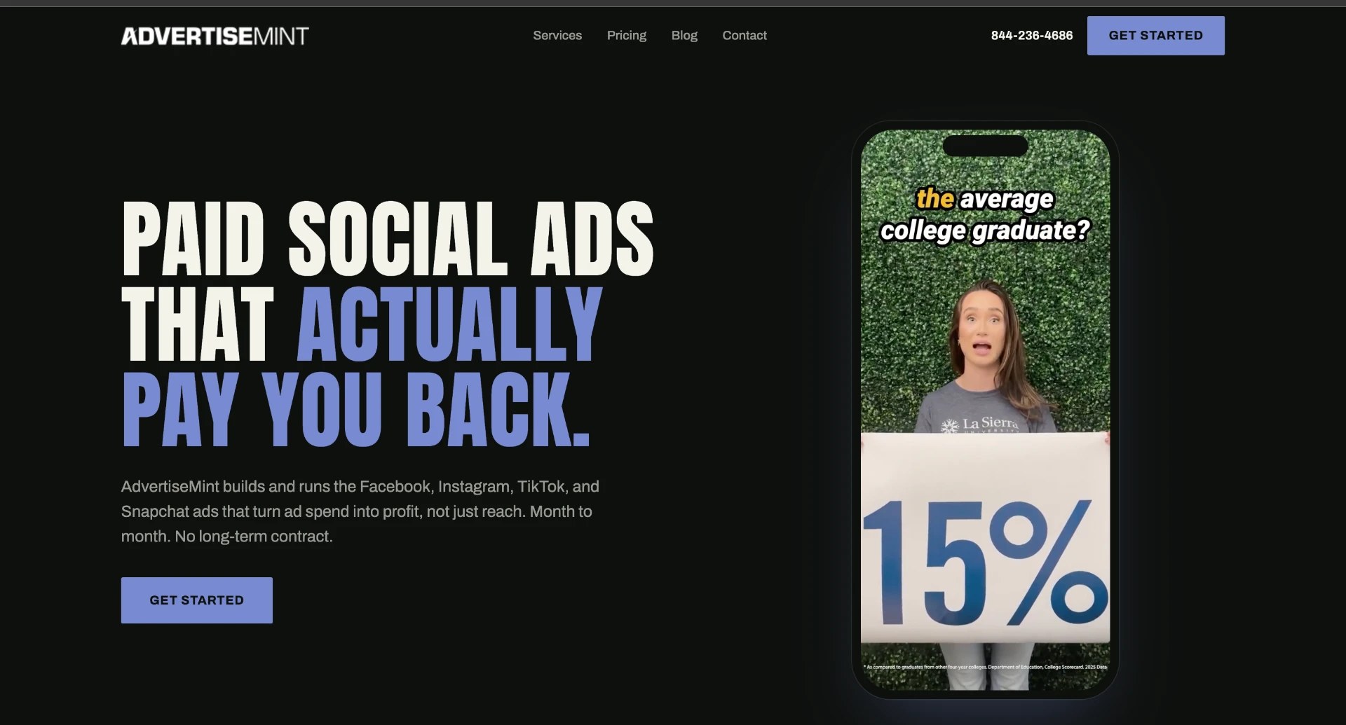 AdvertiseMint demo homepage with its headline and an example ad creative on a phone screen